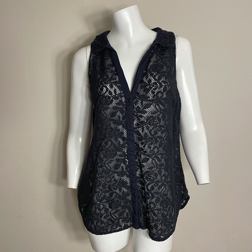 Roper Western Shirt Womens M Sleeveless Black Lace Sheer Rose Cowgirl Feminine